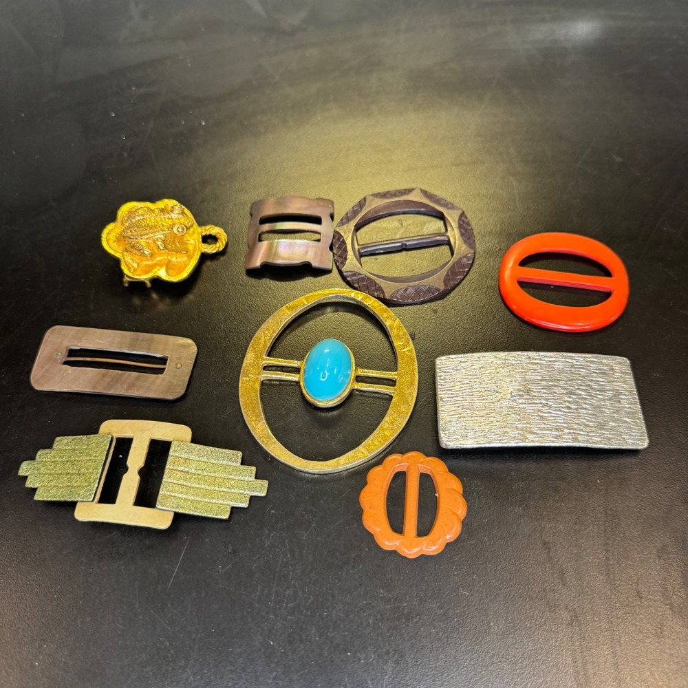 Vintage Belt Buckle Scarf Slide Lot Womens Multi Art Deco Mid Century Modern 9pc